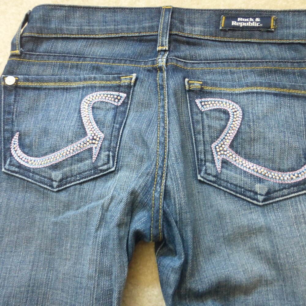 ROCK & REPUBLIC Roth medium wash flare jeans w/ purple pink sparkly rhinestones